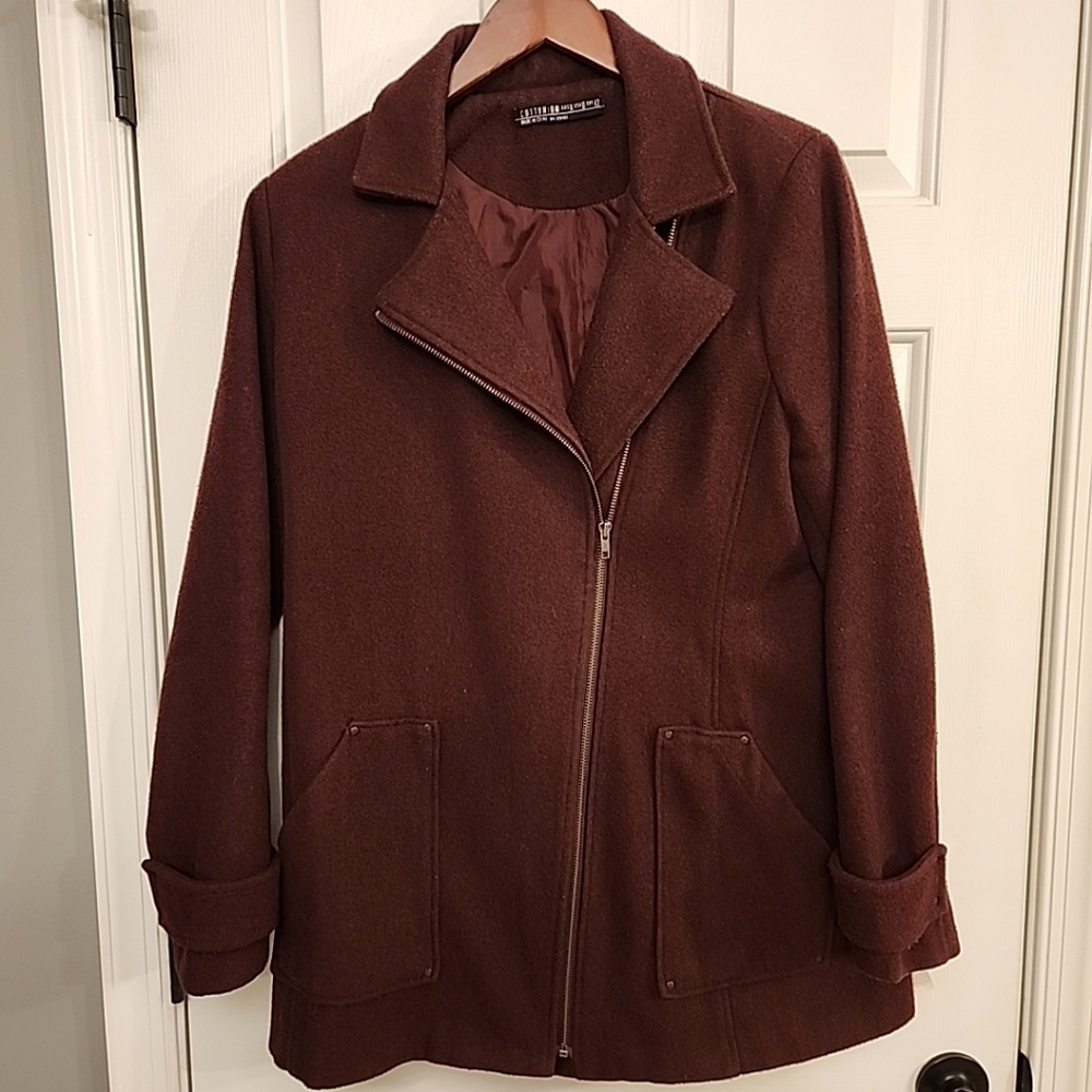COTTON:ON Brand Australia Wool-Blend Asymetrical Zip Lined Coat Burgundy Sz 10